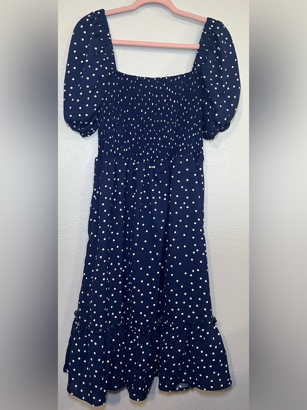 CY Fashion NWT Navy White Polka Dot Dress Smocked Medium Puff Sleeves Ruffle